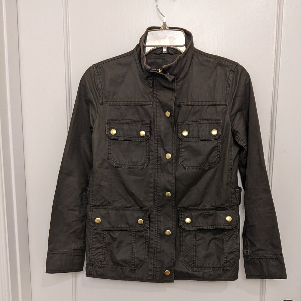 J Crew Womens Petite Small Downtown Field Jacket Brown Snap Zip Military